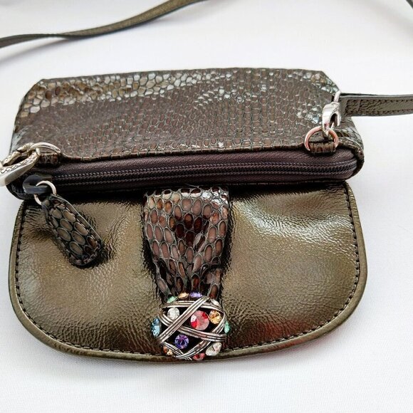 Brighton Crossbody Snakeskin Embossed Purse Bag Green Multi Color Jewels Leather - Picture 5 of 8